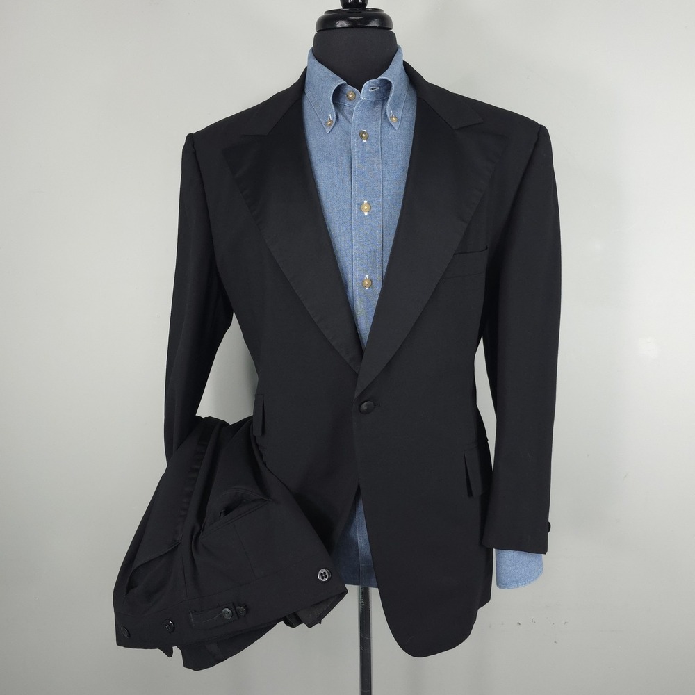Vintage Lord West Suit Mens 44R 42W Black Wool Tuxedo 2 Piece Wedding 60s 70s